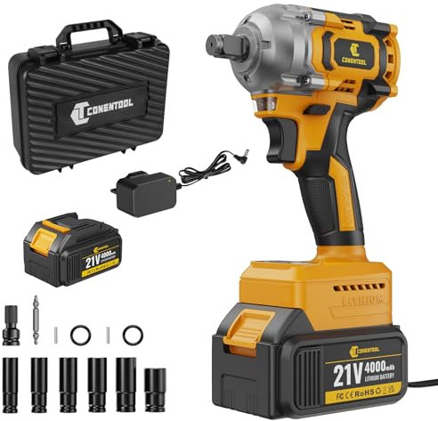 Conentool Impact Wrench Cordless, 680 N.m Brushless Impact Gun 1/2, 21V Electric Rotary with 1*4.0Ah Battery and chargers,12PCS drill Bits,Carry Box for Your Family Car/Pickup Truck/Mower/Motorcycle