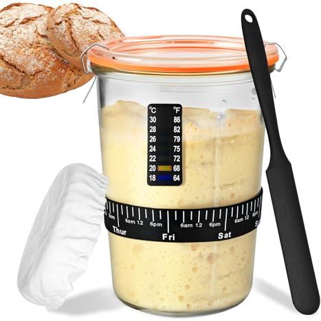 Sourdough Starter Kit, Sourdough Starter Jar Glass Wide Mouth, Sourdough Kit with Thicken Sourdough Glass Jar 27oz, Spatula, Thermometer, Cloth Cover, Feeding band, Sourdough Bread Baking Supplies