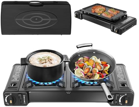DAOHHFO Réchaud à gaz portable 2 brûleurs plaque de cuisson mallette rangement