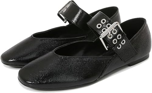 Ballerines plates à bout carré pour femmes style Mary Jane avec boucle et bride chaussures de travail décontractées confortables et à bride réglable (10a-noir,39)
