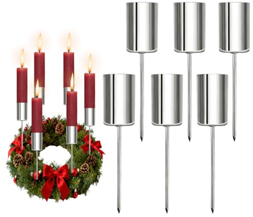 Portavelas de Adviento Plata – Set de 6 Candelabro de Varilla, con Punta Firme para Máxima Seguridad, Diseño Elegante de Metal, Ideal para Coronas y Arreglos Florales Festivos DIY