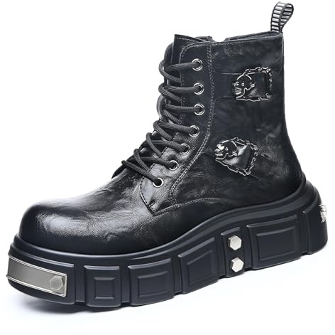 EGGDK Men's Leather Gothic Punk Ankle Boots Comfort Round Toe Lace-Up Side Zipper Platform Combat Boots for Concerts Festivals Night Outs And Everyday Edgy Style (Black,12)