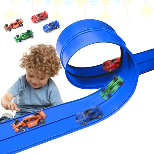 Piste de Voiture, Autoroute de 5 M avec 4 Voitures Piste de Course Portable Circuits de Course Flexible avec Ventouses avec Sauts Boucles Rampes Cadeaux pour Garçons et Filles