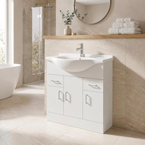 Affine® 850mm Vanity Unit Basin Sink Bathroom Storage Cabinet Cupboard Freestanding, Single Tap Hole Ceramic Wash Basins, Soft Close Doors & Drawers, White Gloss