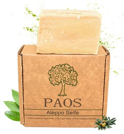 PAOS Original Aleppo Seife, 60% Olivenöl 40% Lorbeeröl, ca.180g, Handmade, Vegan, Naturprodukt, Haarseife, Duschseife, Original Rezeptur
