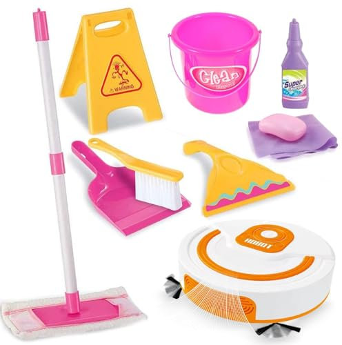Kidoloop Pretend Play Set of Cleaning Toys and Automatic Vacuum Cleaner Robot Toy for Kids 3+ Portable Toy Set with Realistic Functions, Battery Operated Educational Toy Home Appliances Playset