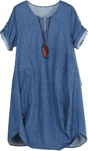 Minibee Women's Ruffle Oversize Casual Midi Dresses with Pockets (2XL, Denim Blue)