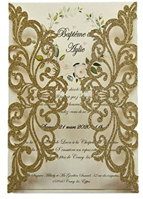 25PCS Champagne Gold Glitter Laser Cut Wedding Invitations Cards with Envelopes,Blank Inner Sheets,Ribbons for Wedding Bridal Shower Quinceañera Engagement Birthday Invites, champagne glitter