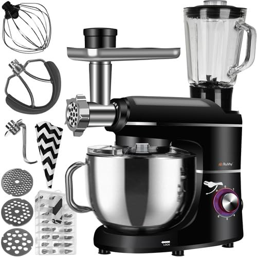 Ruhhy Robot de cocina Cuenco de acero inoxidable de 6,2 L, 2200 W, 6 velocidades + función de pulso, utensilios de cocina para pasteles y pan con accesorios para hornear para cocineros aficionados y