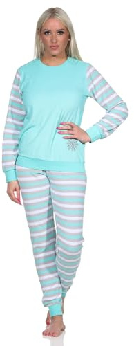 Normann Geringelter Damen Frottee Schlafanzug Langarm Pyjama mit Eiskristall, Farbe:Mint, Größe:48-50