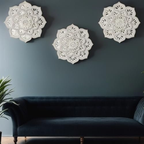 MARRAKESCH - Set di 3 decorazioni da parete in legno, 40 cm, grande ornamento Amila bianco come decorazione da parete orientale