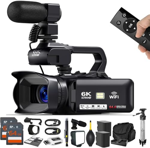 Acuvar 4K/6K Video Camera Camcorder – 64MP Vlogging Camera for YouTube, 60FPS, 18X Zoom – with Mic, LED Light, Tripod & 2×64GB Cards – WiFi, Webcam Bundle