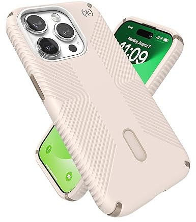 Speck iPhone 15 Pro Hülle – ClickLock rutschfeste Interlock, gebaut für MagSafe, Fallschutzgriff – Soft Touch 6,1 Zoll Handyhülle – Presidio2 Grip Bleached Bone/Erbstück Gold/Haselnussbraun