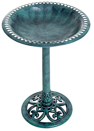 Outsunny 50cm Bird Bath for Garden, Outdoor Birdbath Stand, Decorative Bird Drinking Stand with Scallop-like Pattern, Time-Worn Finish, Green