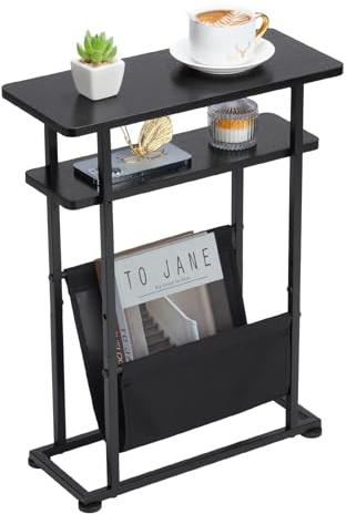 ZEXVIDA Small Side Table for Small Spaces - Slim End Table with Magazine Holder - 2 in 1 Narrow End Table Living Room - Skinny Bedside Table Nightstand Bedroom Thin Side Table (Black)