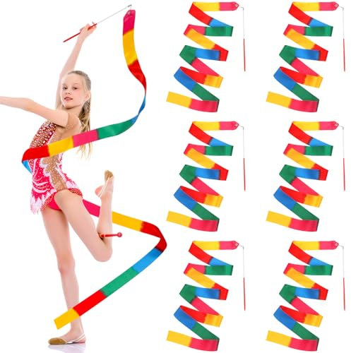Sinmoe 6 Mehrfarbige Tanzbänder 2 m Gymnastikband mit Wirbelstab Bandstäbe Regenbogen Tanzende Luftschlangen Turngeräte Künstlerische Gymnastik Farbband für Kinder Training Zirkus Tanz Fitnessstudio
