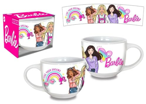 Tazza Barbi da Colazione Larga Jumbo 600 ml in Scatola Regalo, Bicchiere in Ceramica con Manico Bevande Calde Fredde per Bambine 12 x 8 x 12 cm. Multicolore