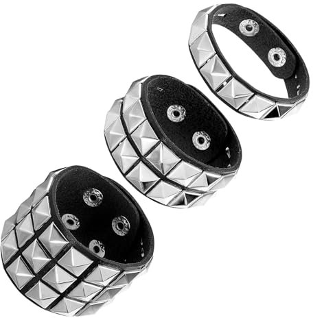 Prasacco 3 Stück Nietenarmband Set, Vintage Leder Punk Armband Gotisch Punk Rock Armband Schwarz Verstellbare Leder Punk Armband mit Nieten für Jungen Mädchen, Halloween, Karnevalspartys, Rockkonzerte