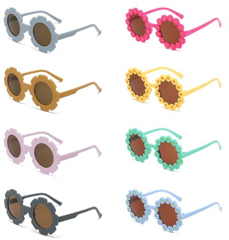 YqsIbth Round Daisy Flower Sunglasses - 8 Pairs Kids' Colorful Sunglasses for Girls & Boys - Beach Holiday Outdoor