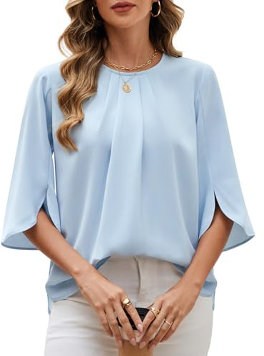 PASUDA Camiseta Mujer con Cuello Redondo Volantes Elegante Blusa de Manga 3/4 Verano Camisa Suelto Basic Tops Casual de Color Sólido