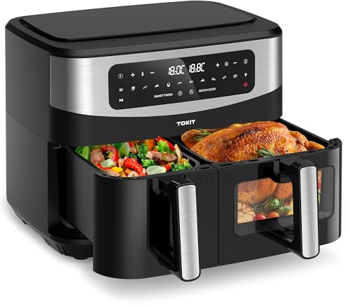 TOKIT Friggitrice ad Aria 2800W Doppio Cestello 10L(4Lx6L), XXL Air Fryer Doppia Zona con Controllo Indipendente, Airfryer 12 Programmi di Cottura da Riscaldamento Rapido a 360°