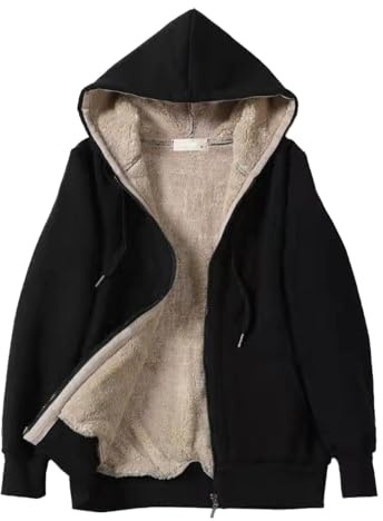 Generisch Chaqueta compuesta de felpa de manga larga para mujer con cremallera con capucha, suéter, chaqueta de felpa sudadera con cremallera para mujer, Negro , 3XL
