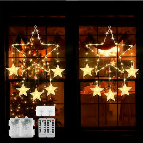 PATEMZON Luces para Ventana Navidad, 2 Pcs LED Luces Estrellas de Navidad, Luz de Ventana con 8 Modos Intermitentes y Mando, Blanco Cálido, Iluminación Navideñas con Estrellas para Interiores