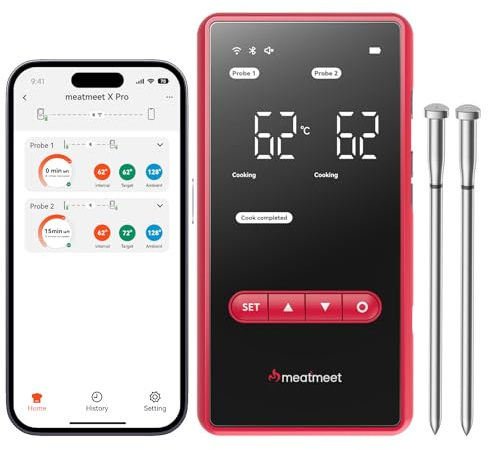 Meatmeet X Pro Wireless Meat Thermometer with Dual Wi-Fi & Bluetooth | Digital Meat Thermometer with 2 Smart Probes & LED Display Base | 6 Built-In Sensors, IP69 Waterproof | For BBQs, Ovens & Smokers