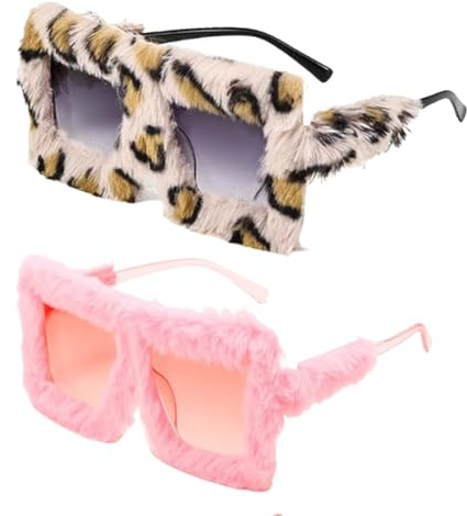 Lot de 2 paires Lunettes de Soleil Surdimensionnées en Peluche, Lunettes de Soleil à Imprimé Léopard, tenue de chat rétro vintage pour Halloween, fête et cosplay, pour anniversaires