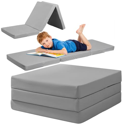 Folding Chair Bed, Tri-Fold Z Bed Foam Mattress & Kids Footstool Cube, 8cm Foldable Portable Futon Sofa Bed with Carry Handles, Water-Resistant, for Sleepovers, Guests, Living Room/Bedroom (Grey)