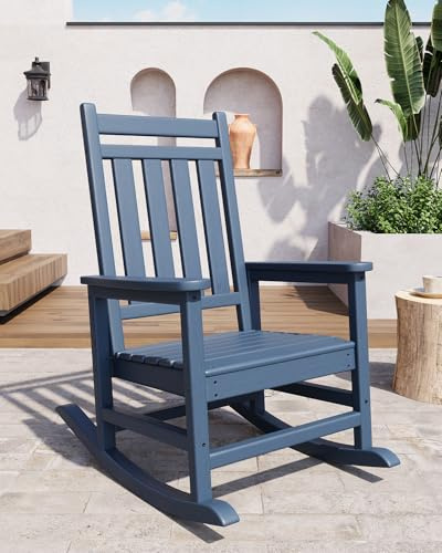 GarveeTech Silla Mecedora de HDPE para Jardín y Exteriores - Respaldo Alto, Estilo Adirondack, Resistente a Todo Clima, Diseño Ergonómico, Imitación Madera Ideal para Patio, Porche o Terraza - Azul