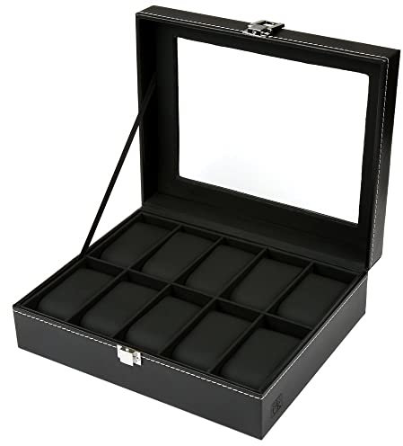 H&S Glass Lid Faux Leather 10 Watch & Jewellery Storage Box – Black Display Case Organiser for Men's & Women's Watches