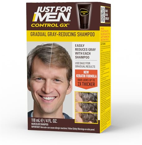 SHAMPOO Just for Men Control GX Grey Reducing for Lighter Shades of Hair, Blonde to Medium Brown, Gradual Hair Color with Keratin, 4 Fl Oz - Pack of 1 (Packaging May Vary)