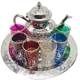 Juego de té marroquí, tetera de alpaca 800 ml, bandeja plana 30 cm y 6 vasos de colores