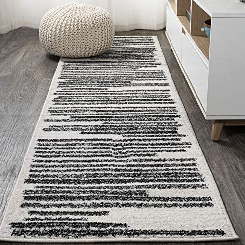 JONATHAN Y Khalil Modern Berber Stripe Cream/Black Runner Rug, 2x8, Contemporary, Bohemian, Easy-Cleaning for Living Room, Bedroom, Kitchen, Pet Friendly, Non-Shedding (MOH207A-28)
