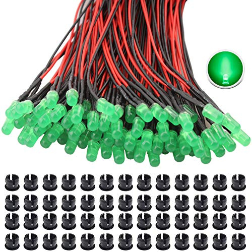 RUNCCI-YUN 65 st grönt DC 12 V förkopplat ljus, 5 mm lysdioder med 20 cm kabel, förkopplade LED-dioder ljus, 12 V LED grön 65 st 5 mm plast LED monteringslåg