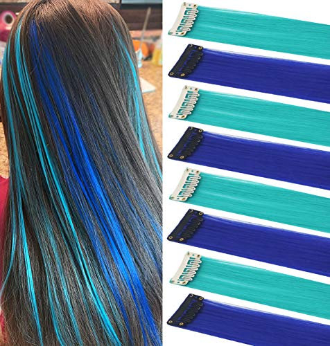 Rhyme 8 PCS Clip in Farbigen Haarverlängerungen für Mädchen Frauen Regenbogen Haarteile Perücke für Mädchen Mehrfarbige Party Hightlight Clips (Blaue Türkis)