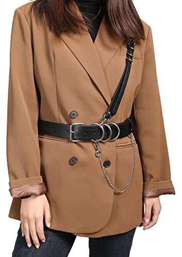 Kajeer Damen Punk PU LederGürtel - Schwarz Mode Kettengürtel Frauen Gothic Taillengürtel für Damen