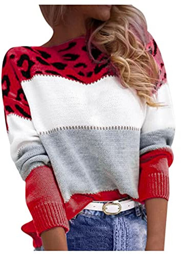 Generic Pullover Damen Leopard Strickpullover Langarm Rundhals Sweater Patchwork Sweatshirt Herbst Winter Pulli Warme Lose Blusen Oberteile Tops, Rot, XXL