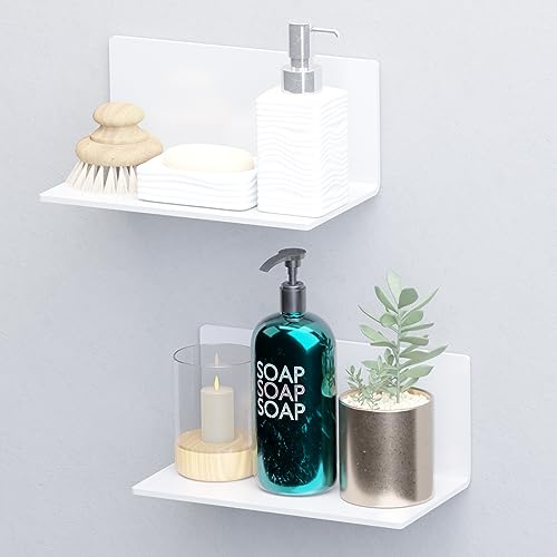 Toski Estantería de pared blanca sin taladrar, estantes autoadhesivos grandes para paredes de 20 cm de ancho, juego de 2 unidades, acrílico flotante para baño, salón, dormitorio, cocina,