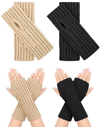 MELLIEX 2 Paar Fingerlose Handschuhe, Warm Pulswärmer mit Daumenloch Strick Handstulpen Winter Unisex，Schwarz + Khaki