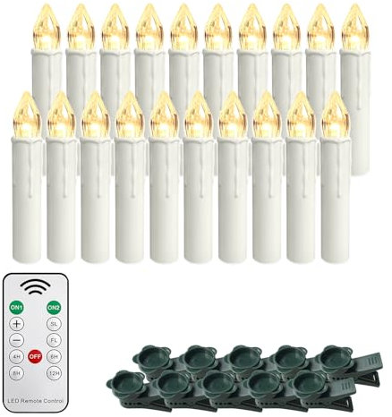 Froadp Mini candele per albero di Natale senza fili con timer, telecomando e clip, bianco caldo, set di candele a LED, dimmerabili, decorazione per Natale (10 pezzi, senza batteria)
