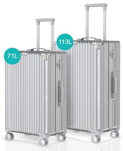 Voyagoux Kofferset 2 teilig - 71L & 113L, Hartschalenkoffer Set, TSA-Schloss, ABS, 4X 360° Rollen, Robust und Leichtgewicht Suitcase, Silber
