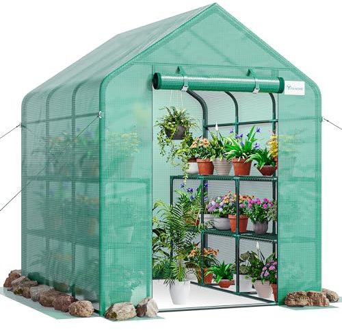 YITAHOME Gewächshaus XXL, 3 Ebenen 18 Regale, PE-Abdeckung mit Reißverschlusstür, Pflanzenabdeckung, Wetterfest und UV-Schutz mit Erdankern und Seilen für Garten Outdoor, 195x214x143cm, Grün