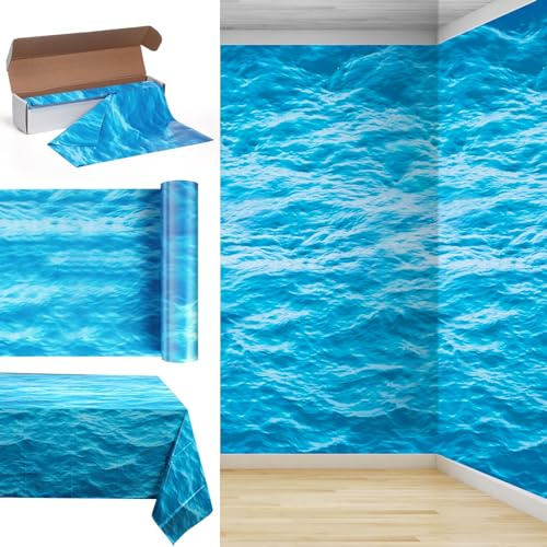 Irenare 1 Roll Ocean Waves Plastic Tablecloth 54 Inch X 100ft Ocean Table Cover Water Print Table Cover Sea Tablecloth Blue for Beach Pool Birthday Party Decoration Shower Supplies