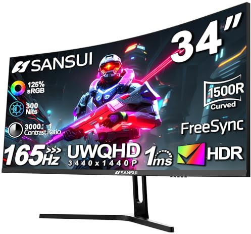 SANSUI Monitor da gioco ultralargo curvo da 34 pollici, UWQHD, 165 Hz, 1500R, 3440 x 1440, PIP/PBP, 1 ms (MPRT), HDR, 300 nits, sRGB 125%, DCI-P3 95%, sincronizzazione adattiva, HDMI2.1 (TMDS) x2,