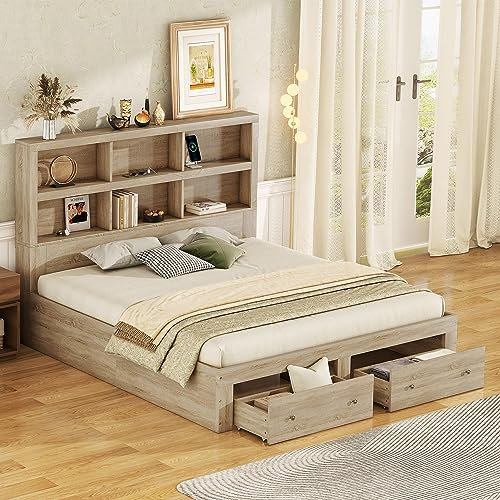 Rtopsu Doppelbett Holzbett 160x200 cm mit USB-Anschluss, Bett mit 2 Stauraum Schubladen und Kopfteil, Bettgestell mit Lattenrost aus Holz, Natur, Ohne Matratze