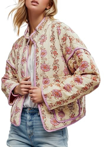 Yimoon Women's Cropped Puffer Quilted Jacket Vintage Floral Print Open Front Lightweight Short Jacket Outwear (Purple-S)