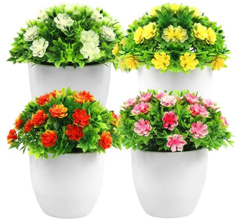 YUE QIN 4 Stücke Künstliche Blumen Mini Kunstpflanze Künstliche Kunstblumen im Topf für Tischdeko Innen- und Außenbereich Deko für Badezimmer Cafe Wohnzimmer Büro (5.5 Zoll)