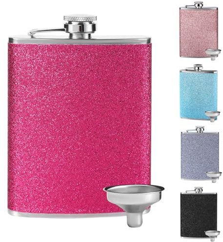 Flasque en acier inoxydable rose rouge avec paillettes pour femme - Flasque à whisky avec entonnoir - Flasque portable pour la randonnée, l'escalade, la pêche, le camping - 240 ml